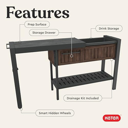 Keter Extendable Outdoor Bar Cart with Hidden Cooler, Storage Drawers & Prep Surface – Mobile Patio Serving Station with Drainage Kit & Hidden Wheels for Backyard, Garden & Poolside Entertaining - color: Extendable Bar Cart Rosewood