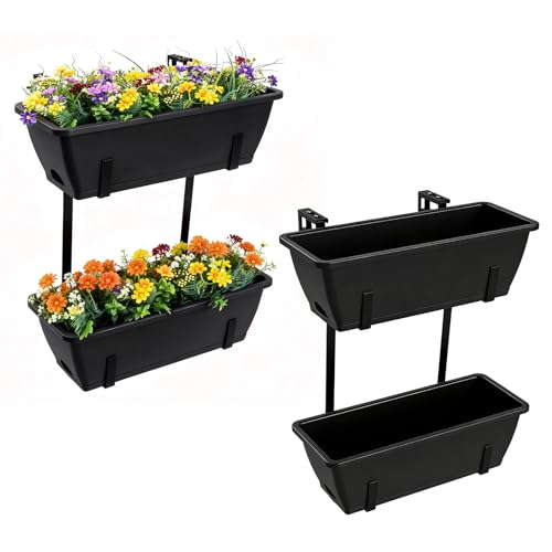 4 Pcs Hanging Flower Pots, 16.9 Inches Railing Planter Box, Black - color: Black
