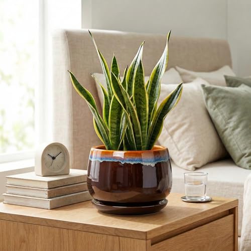 Ceramic Planter, 7 Inch Plant Pots with Drainage, Brown-Blue - size: 7 Inch, style: Brown-blue