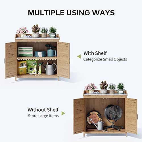 Gizoon Outdoor Potting Bench with Metal Tabletop, Wooden Cabinet, Natural