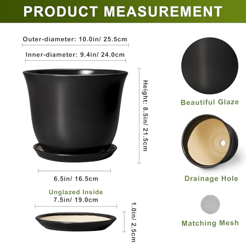 Ceramic Pots for Plants, 10 Inch Plant Pot with Drainage, Black - color: Black, size: 10 Inch