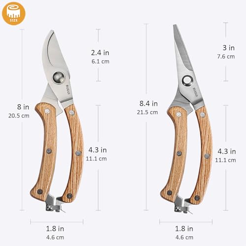 BUGUI 8” Wood Handle Garden Scissors, Set of 2, Includes Bypass Pruning Shears and Long Straight Tip Clippers, Premium Gardening Tools with Precision-Ground SK-5 Steel Blade - style: 8"WoodHandleShearsSet(E023)