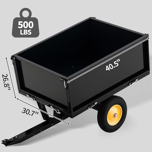 Garvee Heavy Duty Tow Behind ATV Trailer Steel Dump Cart 500 LB, 10-Cubic Feet Capacity Garden Utility Trailer with Removable Tailgate for Riding Lawn Mower Tractor - size: 500 LBS