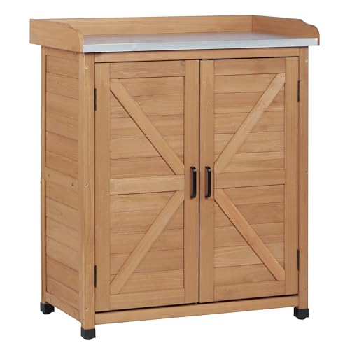 Outdoor Potting Bench with Storage Cabinet and Metal Top, Wood Workstation for Outdoor Patio, Garden (Light Brown, 31.5x17x39‘’) - color: Light Brown, size: 31.5x17x39"