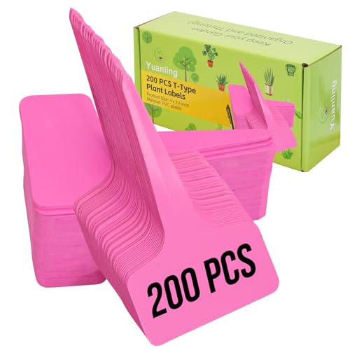 Plant Labels 200 Pcs Yuanling T-Type Plastic Garden Tags Waterproof Plant Sign Stakes Nursery Garden Makers for Seedlings Flower Vegetables Herb Potted Belt Permanet Marker Pen (Pink) - color: Pink