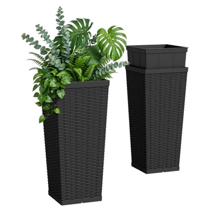 Flamaker 24“ Tall Plastic Planters with Drainage Holes Front Porch Set of 2 - color: Black, size: 24" H
