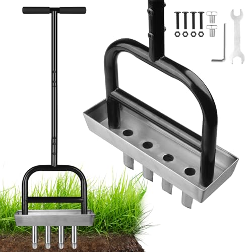 Lawn Aerator Manual Garden Tool with Soil Core Tray - 4 Stainless Steel Core Plug Aerator for Grass Aeration, Yard Lawn Care Heavy Duty Garden Tool for Healthy Lawn Growth