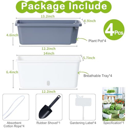 Oliz Window Box Planter 4 Packs, 14 Inches Rectangle Flower Pots with Breathable Drainage Holes, Pots for Vegetables, Herbs, Flowers, Garden Windowsill Balcony (White & Grey) - color: White & Grey