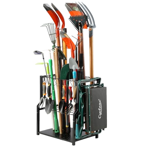 YueTong Garden Tool Organizer Heavy Duty,Yard Tool Tower Rack,Garage Storage Organization for Long Handle Tools,Rake,Brooms,Extra Hooks for Small Shovel,Shear.All Metal,Free Standing. - style: Classic