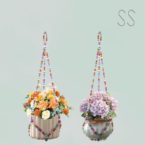 17''，2 Pack Macrame Plant Hanger, Handmade Glass Bead Plant Hanger Colorful Decorative Bohemian Hanging Planter Holder for Indoor and Outdoor Home Garden Decor. Includes Two Hooks. - size: 17 Inch, 2 Pack