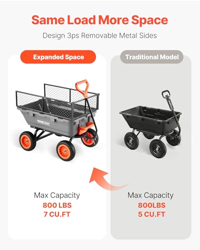VEVOR 800LBS 7 CU.FT Poly Garden Cart Dump Wagon, Heavy Duty 4 Wheel Wheelbarrow with 10" Flat Free Tires, Yard Cart Dump Wagon with Removable Raised Sides and Quick-Release System - color: Grey01