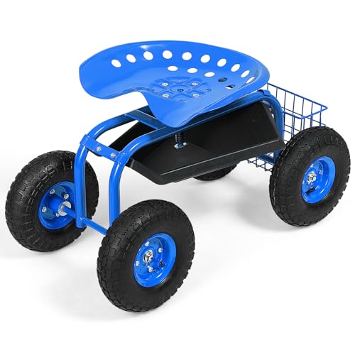 Goplus Garden Seat with Wheels, Rolling Garden Cart with Adjustable 360° Swivel Seat, Tool Tray, Basket for Lawn, Yard, Patio, Heavy Duty Gardening Stool, Outdoor Wagon Scooter for Seniors - color: Blue