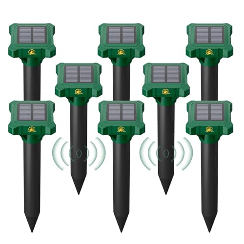 8 Pack Mole Repellent Solar Powered, IP65 Waterproof Gopher Chipmunk Repeller Outdoor, Groundhog Snake Repellent for Yard, Sonic Mole and Vole Deterrent Spikes, Effective Lawn and Garden Protection