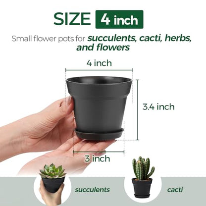 T4U Small Plant Pots 4 Inch 18 Pack, Plastic Flower Pots with Saucer Black - color: Black, size: 4 In