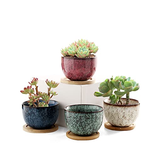 jessie Succulent Pots Ceramic Flower Pots Round Vintage Glazed Planters for Succulents Plants Live with Tray for Cute Plant Flower Outdoor Indoor Set of 4 - color: 4 Colors Round