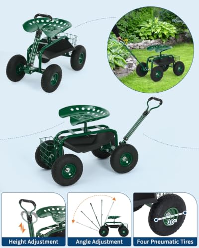 Garvee Heavy Duty Garden Work Seat, Garden Scooter Rolling Seat 360° Swivel - color: Green