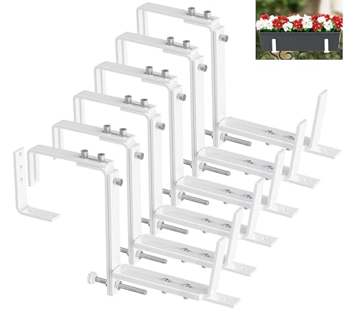 Y&M 6 Pcs Deck Railing Adjustable Planter Box Brackets (6 to 12.5 in), Universal Heavy Duty Iron Flower Box Brackets Wall Mounting Hooks for Fences, Patio, and Garden - White (Patent Registered) - size: 6 Pcs - White