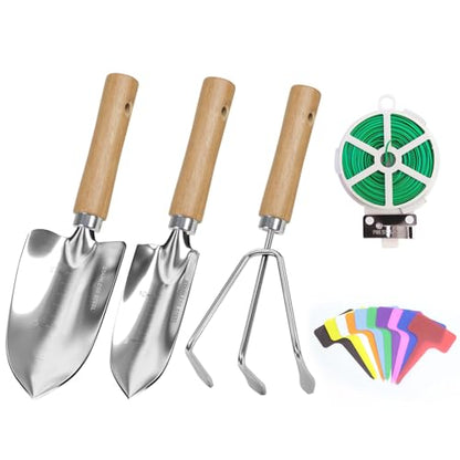 Garden Tool Set, 3 Pieces Gardening Kit with Garden Plant Twist Tie and Plastic Plant Tag, Stainless Steel Heavy Duty Garden Tools with Wooden Handle, Gardening Gifts for Women - style: 3PC(Trowel&Transplanter&Cultivator)