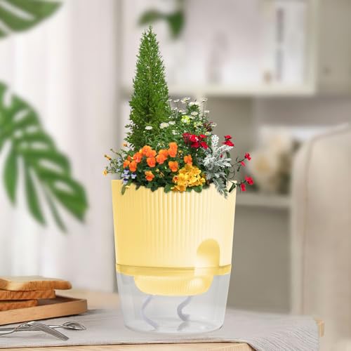 ZXJ 5.5 Inch Self Watering Planter Pots for Indoor Plants - African Violet Pots with Wick Rope - Yellow