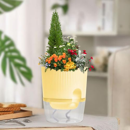 ZXJ 5.5 Inch Self Watering Planter Pots for Indoor Plants - African Violet Pots with Wick Rope - Yellow