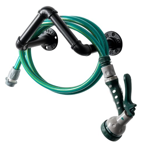 MyGift Black Metal Pipe Garden Hose Holder, Wall Mounted Hose Rack - color: Black