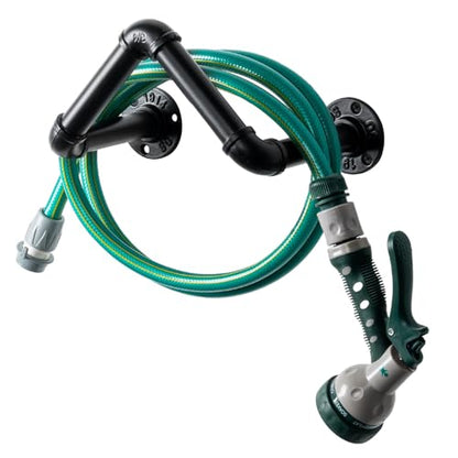 MyGift Black Metal Pipe Garden Hose Holder, Wall Mounted Hose Rack - color: Black