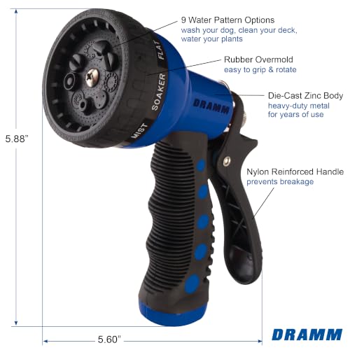 Dramm Revolver Heavy Duty Metal Garden Hose Nozzle – 9 Spray Patterns, High Pressure Jet, Thumb-Control Flow, Ergonomic Grip – Blue - color: Blue, size: Revolver