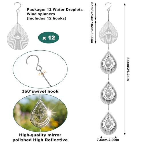 3Pcs Water Droplets Bird Scare Discs Set-Highly Reflective Double-Sided Bird Reflectors, Wind Spinners Outdoor Garden Decor, Birds Devices Deterrent to Scare Birds Away from Yard Patio Farm