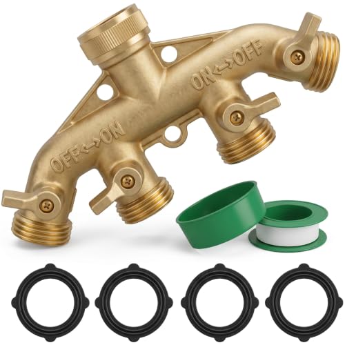 Hourleey Brass Garden Hose Splitter (4 Way), Solid Brass Hose Connector 3/4", Hose Spigot Adapter 4 Valves with 4 Extra Rubber Washers - size: 1 Pack - 4 Way