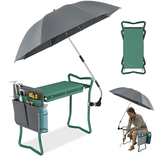 OAOA innovation 2-in-1 Garden Kneeler with Umbrella, Kneeling Bench & Grey Umbrella, Portable Stool 330lb Capacity, Garden Tools Bag with Bottle Holder, Gardening Gift for Men Women Seniors - color: Grey