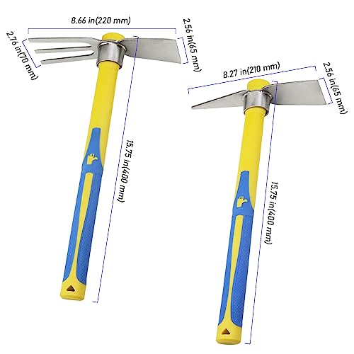 2 PCS Garden Hoe Tools, Stainless Steel Cultivator Hand Tiller and Hand Pick Axe with Fiberglass Handle, Pick Mattock Hoe for Planting Digging Weeding Gardening - size: Cultivator Hoe 2PCS