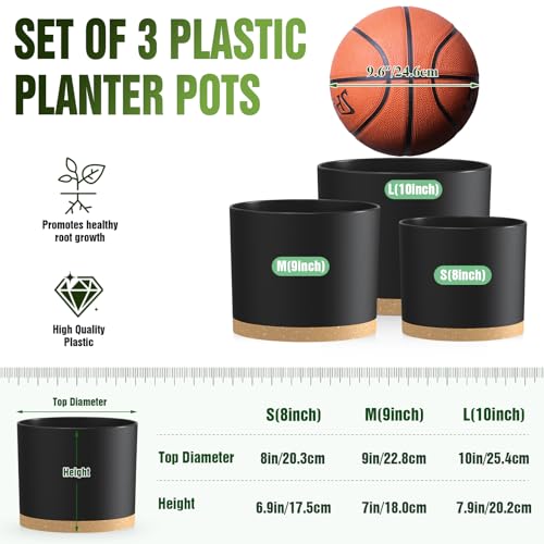 10/9/8 Inch Plant Pots 3 Pack, with Drainage Hole & Saucers - color: Matte Black&brown