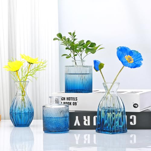 Glass Bud Vases 4 Pack, Small Deepblue Flower Vases for Wedding Centerpiece - color: Deepblue