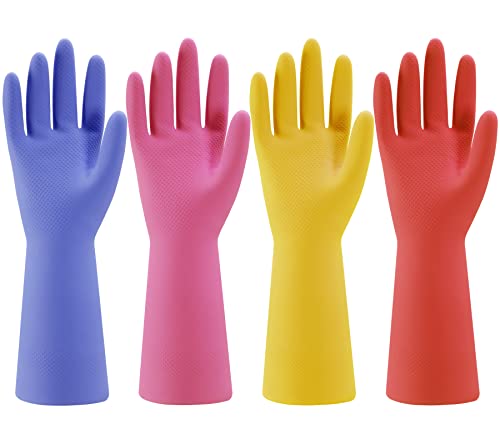Bamllum Rubber Kitchen Dishwashing Gloves - 4 Pairs Colorful Reusable Household Cleaning Gloves for Washing Dishes and Cleaning Tasks, Flexible Long-lasting and Non-Slip (Small, Blue+Pink+Yellow+Red) - size: Small