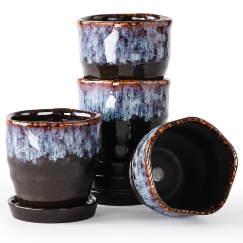 Modern Irregular Ceramic Planter Set of 4, 4 Inch Small Unique Reactive Glaze Flower Pots with Drainage Holes & Saucers - Indoor Outdoor Decorative Succulent Orchid Pots- Reactive Glaze Spot - color: Reactive Glaze Spot, size: 4inch-Set of 4