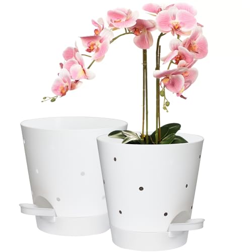 Vanslogreen 6 Inch Orchid Pots with Holes, Self Watering Plant Pots, 2 Pack - color: White