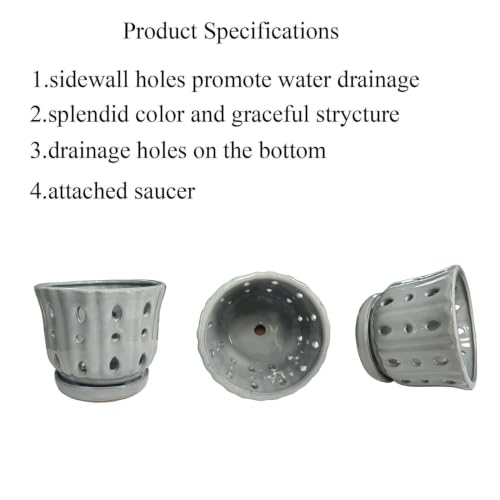 Ceramic Orchid Pot with Attached Saucer and Drainage Hole 6'' Gray - color: Gray