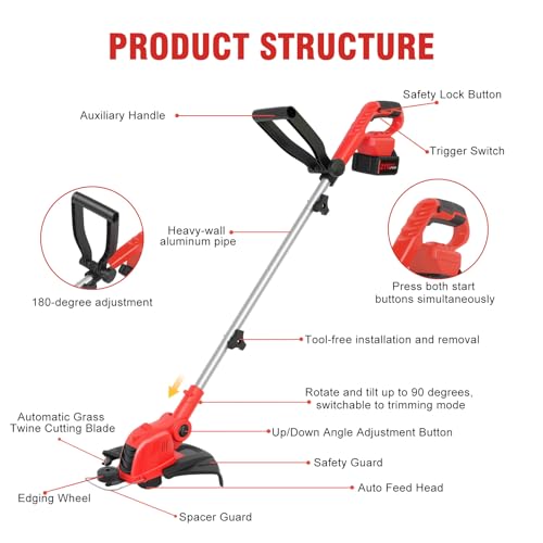 21V Electric Weed Wacker & Edger Lawn Tool Auto-Feed with 2.0Ah X 2 Battery - color: Bright Red