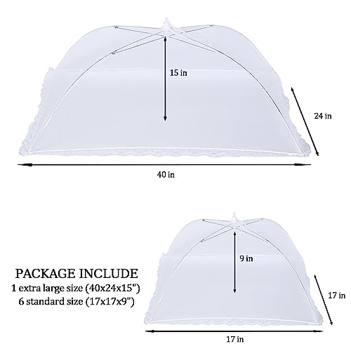 ZMCINER 7 Pack Food Covers for Outdoors Mesh Screen Include Food Tents 1 Extra Large (40"X 24") & 6 Standard (17"X 17") Collapsible and Reusable Mesh Covers for Outside, BBQ Party Supplies, Fruit - size: 7 PACK (1*XXL+6*L)