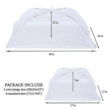 ZMCINER 7 Pack Food Covers for Outdoors Mesh Screen Include Food Tents 1 Extra Large (40"X 24") & 6 Standard (17"X 17") Collapsible and Reusable Mesh Covers for Outside, BBQ Party Supplies, Fruit - size: 7 PACK (1*XXL+6*L)