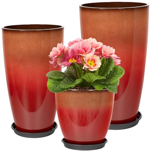 Neoaider Set of 3 Tall Planter, 24/21/12in Large Plastic Planter, Firey Red - color: Fiery Red