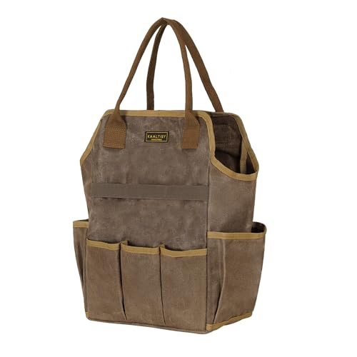 Canvas Garden Tool Bag, 16OZ Waxed Canvas Garden Tools Storage Tote - with 3 Inner Slots + 8 Outer Pockets, Multi-Functional Tool Organizer Bag for Gardener Florist Workshop, Grey, 9.5 x 6 x 15.5 In - color: Grey
