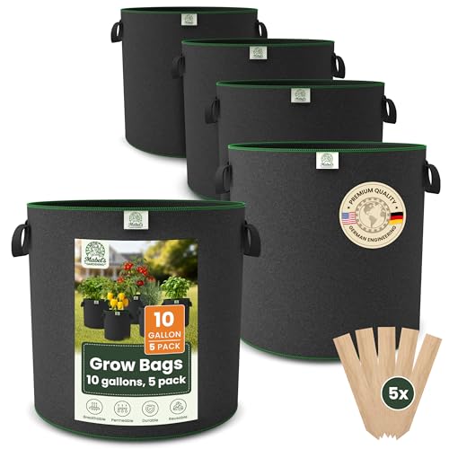 Mabel's Gardening 5-Pack 10 Gallon Grow Bags - Garden Planting Bags 13.4 x 16.3 INCH Made of 8.85 oz/yd² (300g/m²) Felt & Fleece Fabric Plant Pot, Plant Bag, Grow Bag for Carrot Potato Tomato - color: 5-pack, size: 10 Gallon