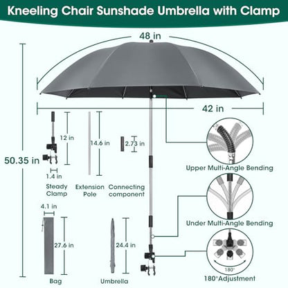 OAOA innovation 2-in-1 Garden Kneeler with Umbrella, Kneeling Bench & Grey Umbrella, Portable Stool 330lb Capacity, Garden Tools Bag with Bottle Holder, Gardening Gift for Men Women Seniors - color: Grey