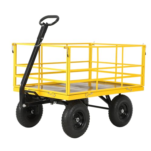 Patikuin 1500 lbs Heavy Duty Steel Garden Cart – 4-in-1 Utility Wagon – Removable Mesh Sides – 13-Inch All-Terrain Wheels – Quick Dump – Outdoor Yard Wagon for Tools, Soil, Plants – Yellow - color: Yellow, size: 1400 Lbs