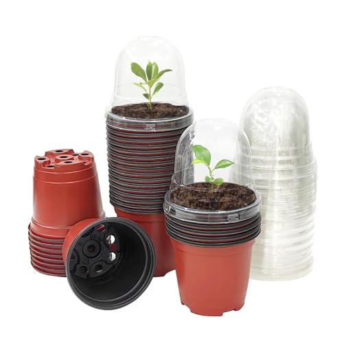 RooTrimmer Plant Nursery Pots with Humidity Domes, 50 Sets 4 Inch Soft Nursery Pots Quality Ones (50 Red Pots + 50 Clear Lids), Quality Seeds Starting with Cover - color: Red Pots With Domes 50p, size: 4Inch