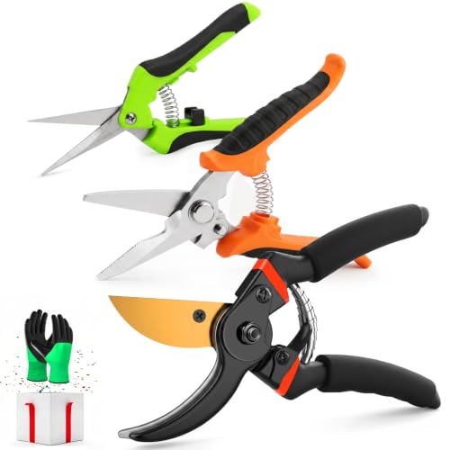 3 Packs Pruning Shears for Gardening Heavy Duty, Ultra Sharp Pruners with Soft Cushion Grip Handle Pruners Set with Gardening Gloves - color: Black&orange&green, size: 3 PCS