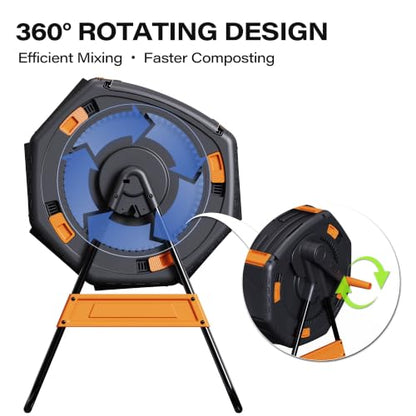 LAUSAINT HOME Dual Chamber Compost Tumbler, 52 Gallon Outdoor Rotating Composter with Sliding Doors for Garden Waste, Kitchen Scraps & Yard Debris, Black and Orange - size: 52 gallon
