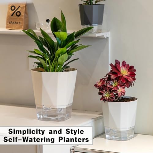 4 Packs Self Watering Plant Pots, Plastic Flower Pots with Drainage Hole and Saucer, Self Watering Planters for Indoor Outdoor Garden Plants, African Violet, Herbs (White, 5")