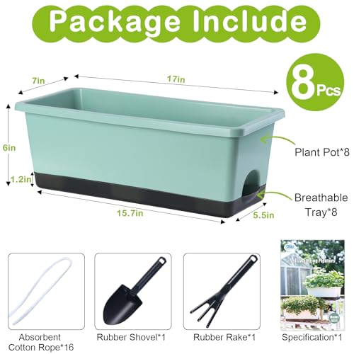 Oliz Window Box Planter 8 Pcs, 17 Inches Rectangle Flower Pots with Drainage Holes & Trays, Vegetable Planters for Windowsill Patio Garden Balcony Home Indoor Outdoor (Green, 16 * 7 * 6 inch) - color: Green